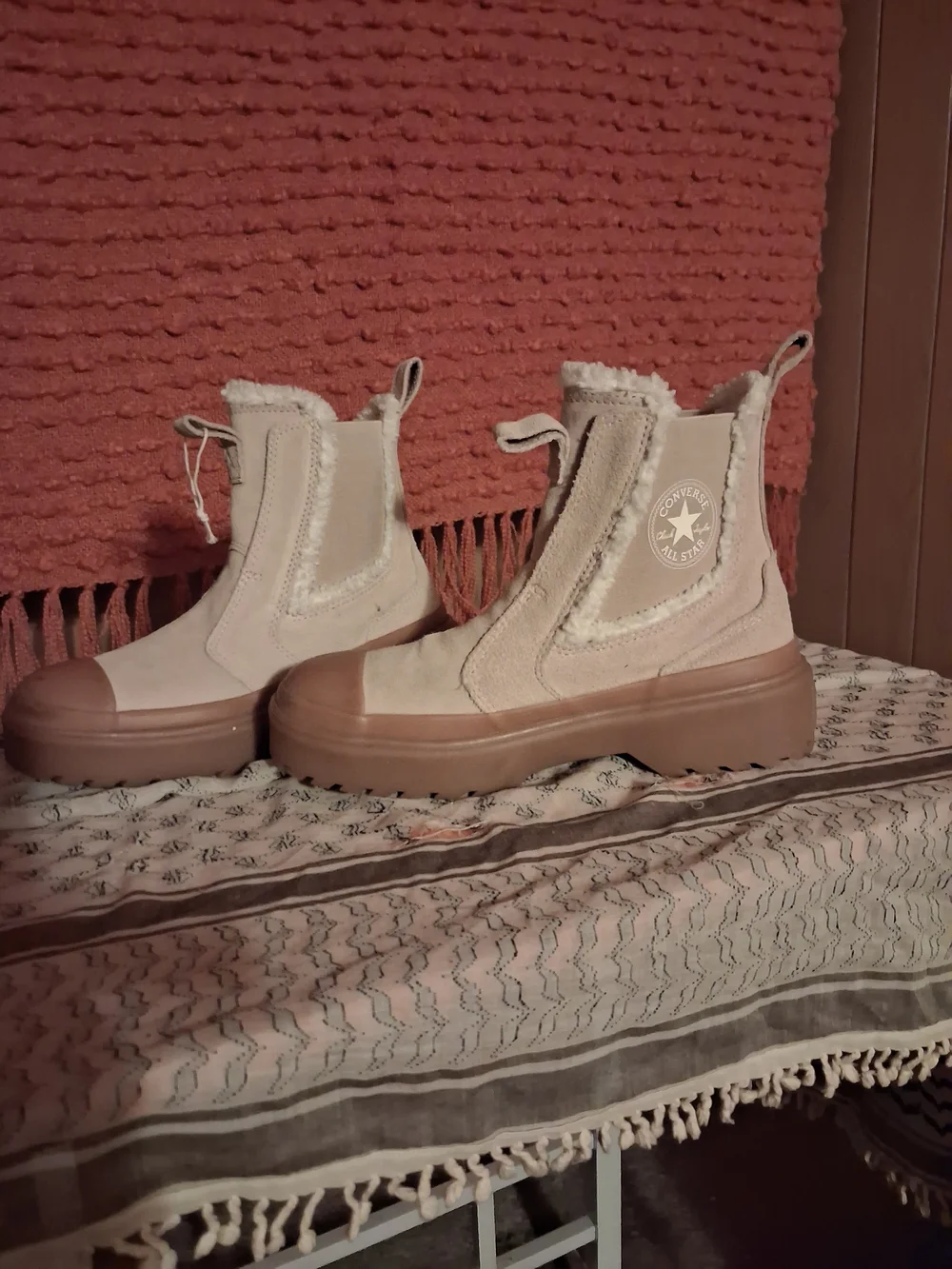 Converse Beige Platform Chelsea Boots with Shearling Trim